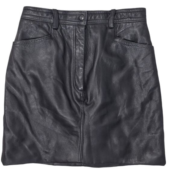 VAKKO Upcycled Black Leather Mini Skirt Sz 10 High Waist Jean Style Vintage Y2K - Picture 2 of 11